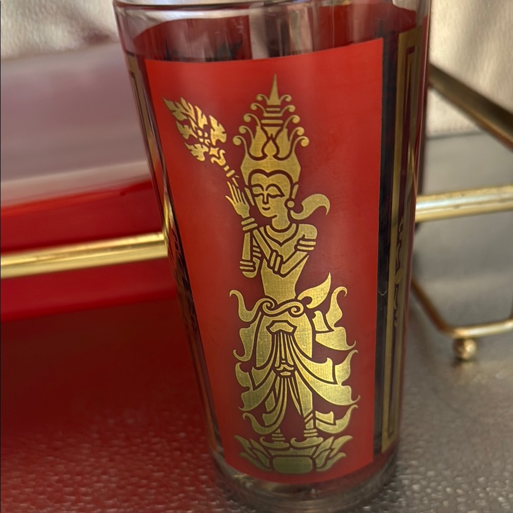 Vintage Culver red and 22 k gold Siam Thai Goddess with carrier and ice carrier